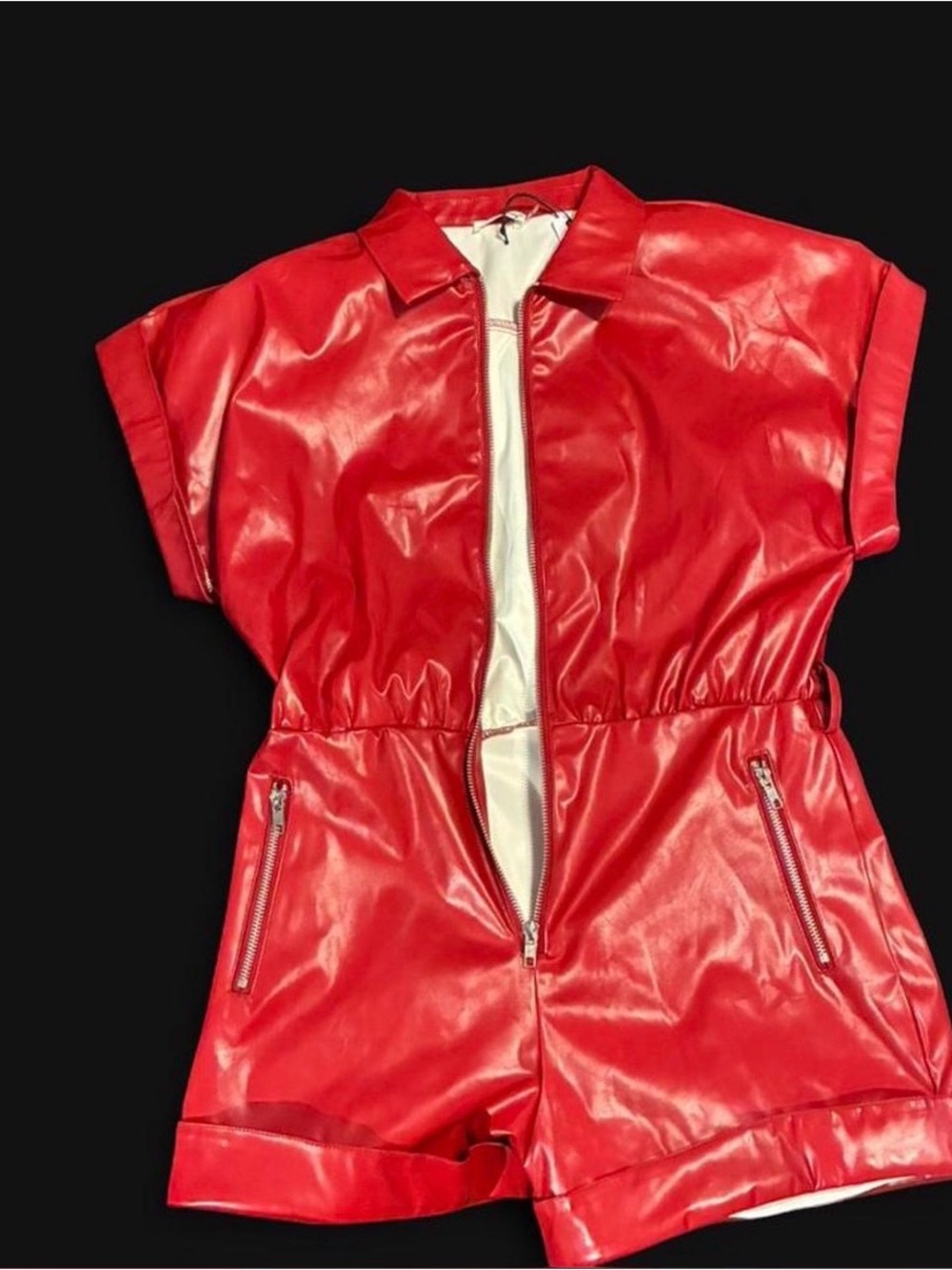 Red Faux Leather Short Sleeve Romper Jacket - Women (Michael Jackson style)